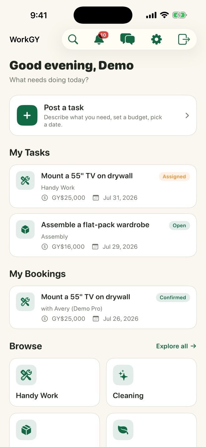 The WorkGY customer home screen showing nearby Pros and open tasks