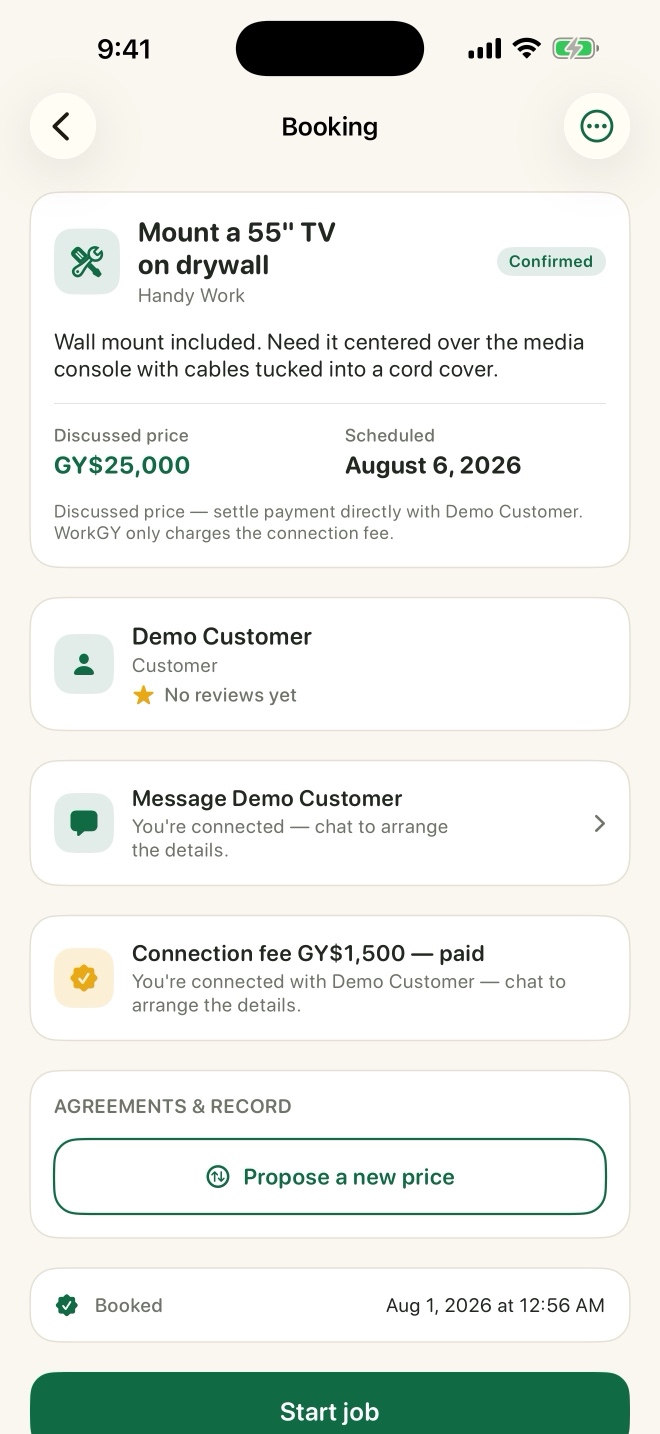 A confirmed WorkGY booking showing the connection fee paid