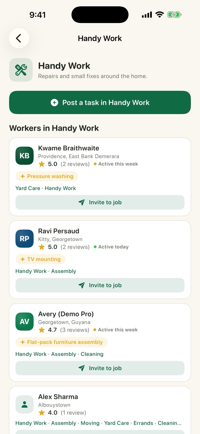Browsing local Pros in WorkGY with ratings and specialties